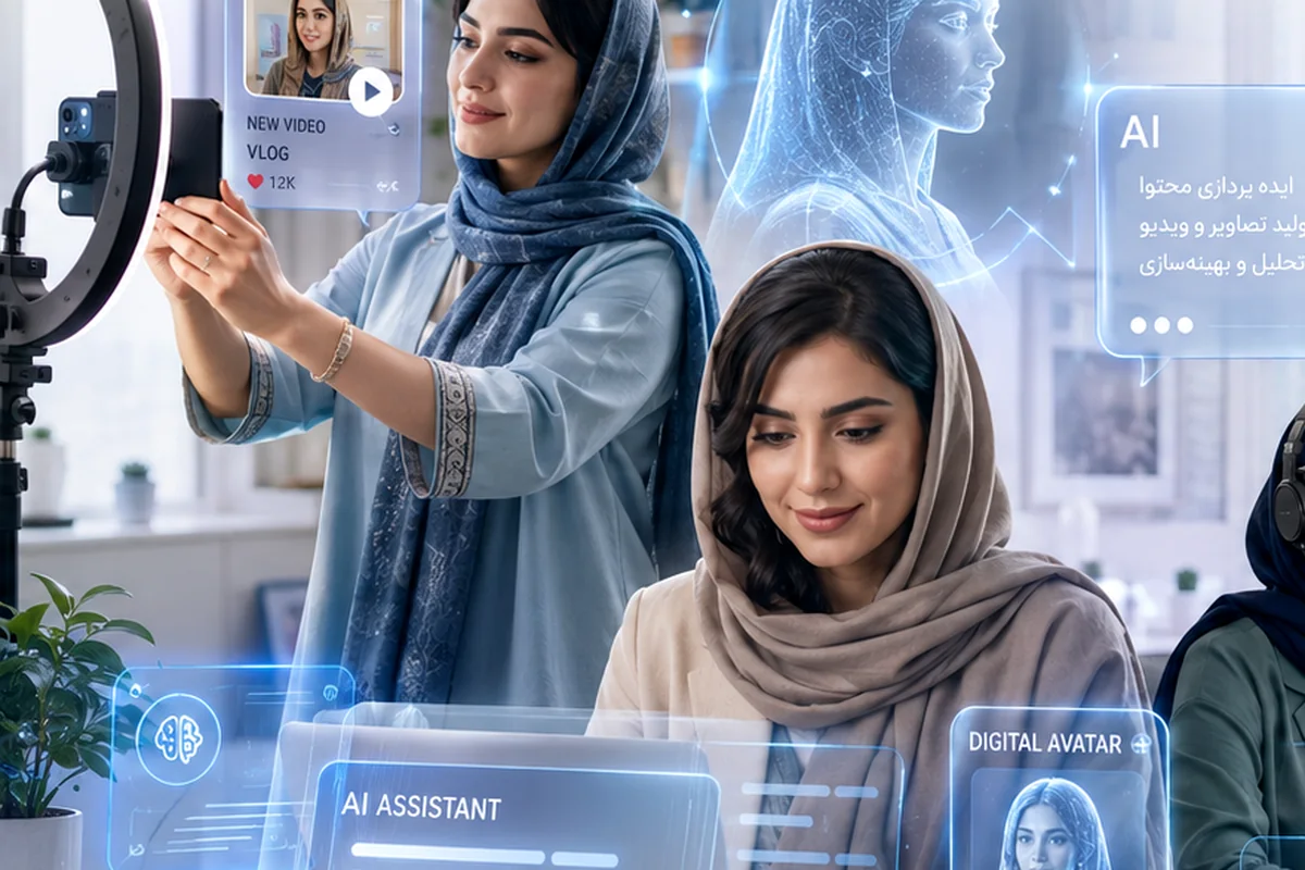 زن ایرانی تولیدکننده محتوا با موبایل و لپ‌تاپ در کنار ابزارهای هوش مصنوعی
