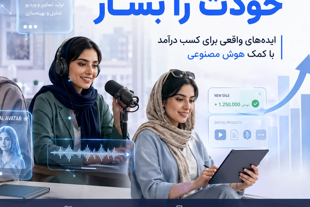 زن ایرانی در حال ضبط پادکست و زن دیگری در حال ساخت محصول دیجیتال با تبلت