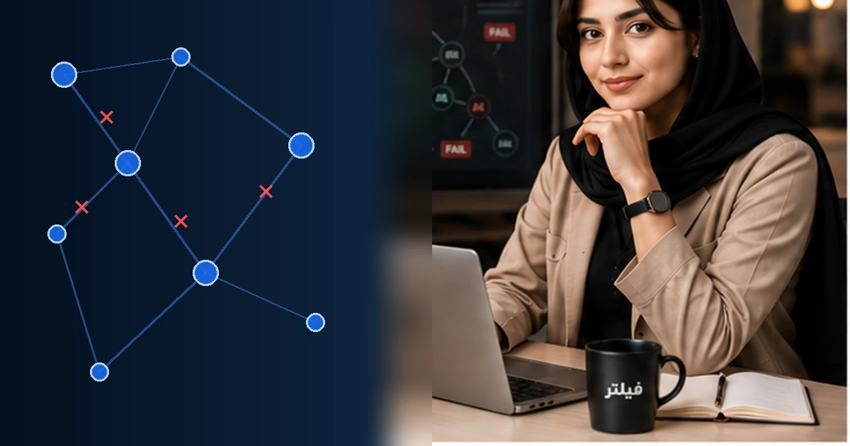 متخصص ایرانی در حال بررسی شبکه‌ای از ایجنت‌های هوش مصنوعی و نقاط شکست میان آن‌ها