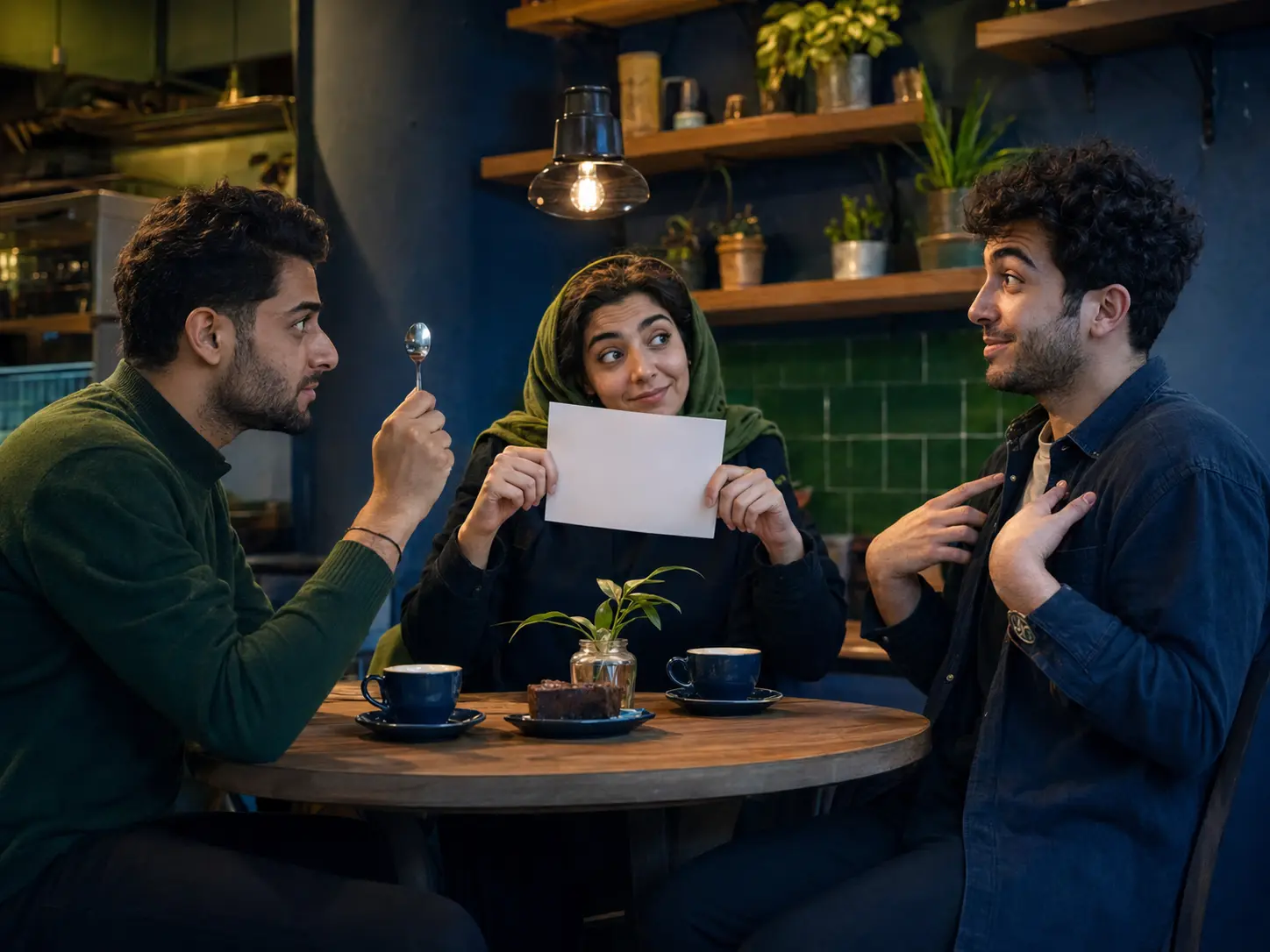 سه دوست در حال اجرای دادگاه بامزه در کافه