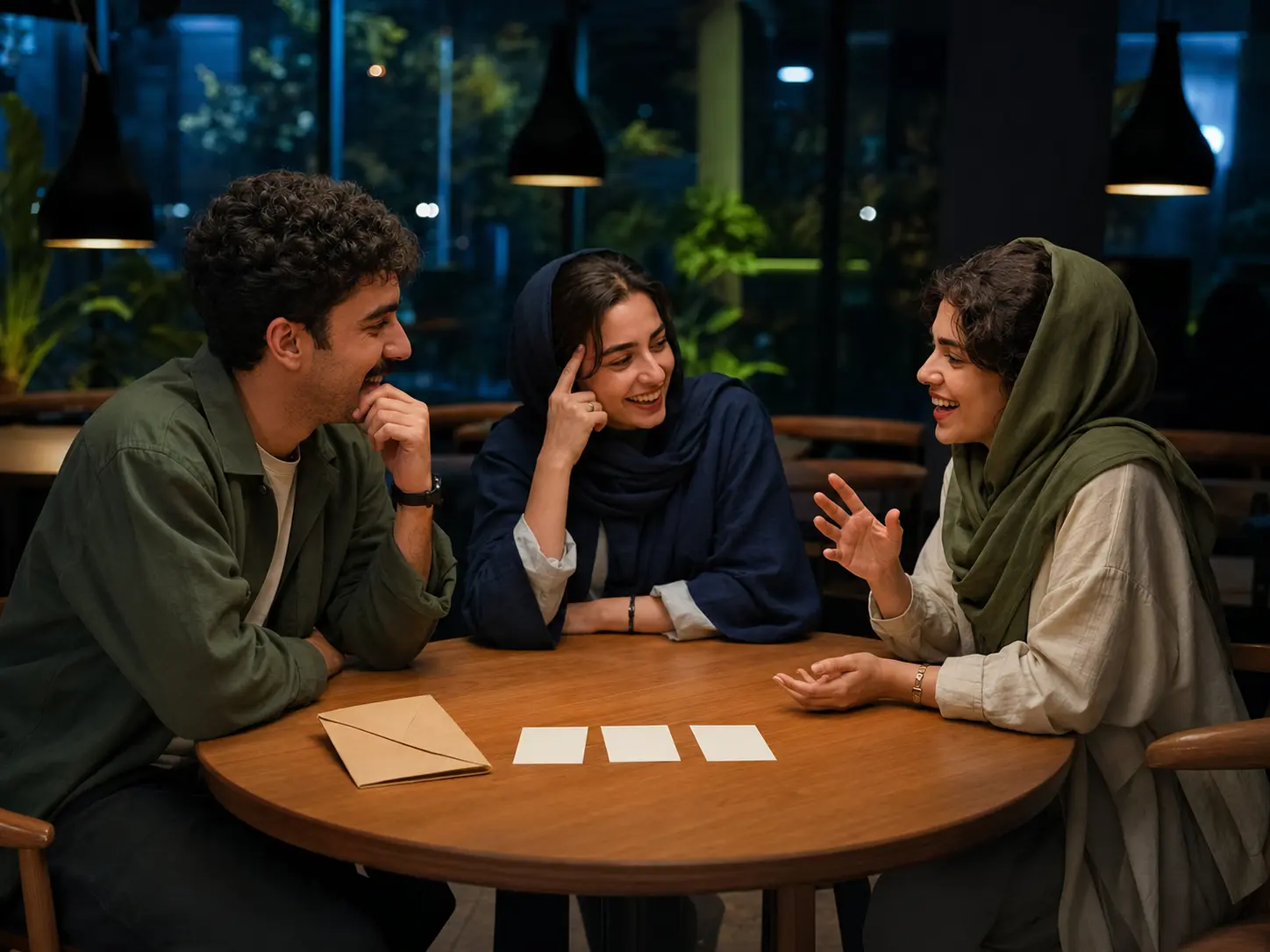 سه دوست در حال ساختن داستان روی میز کافه