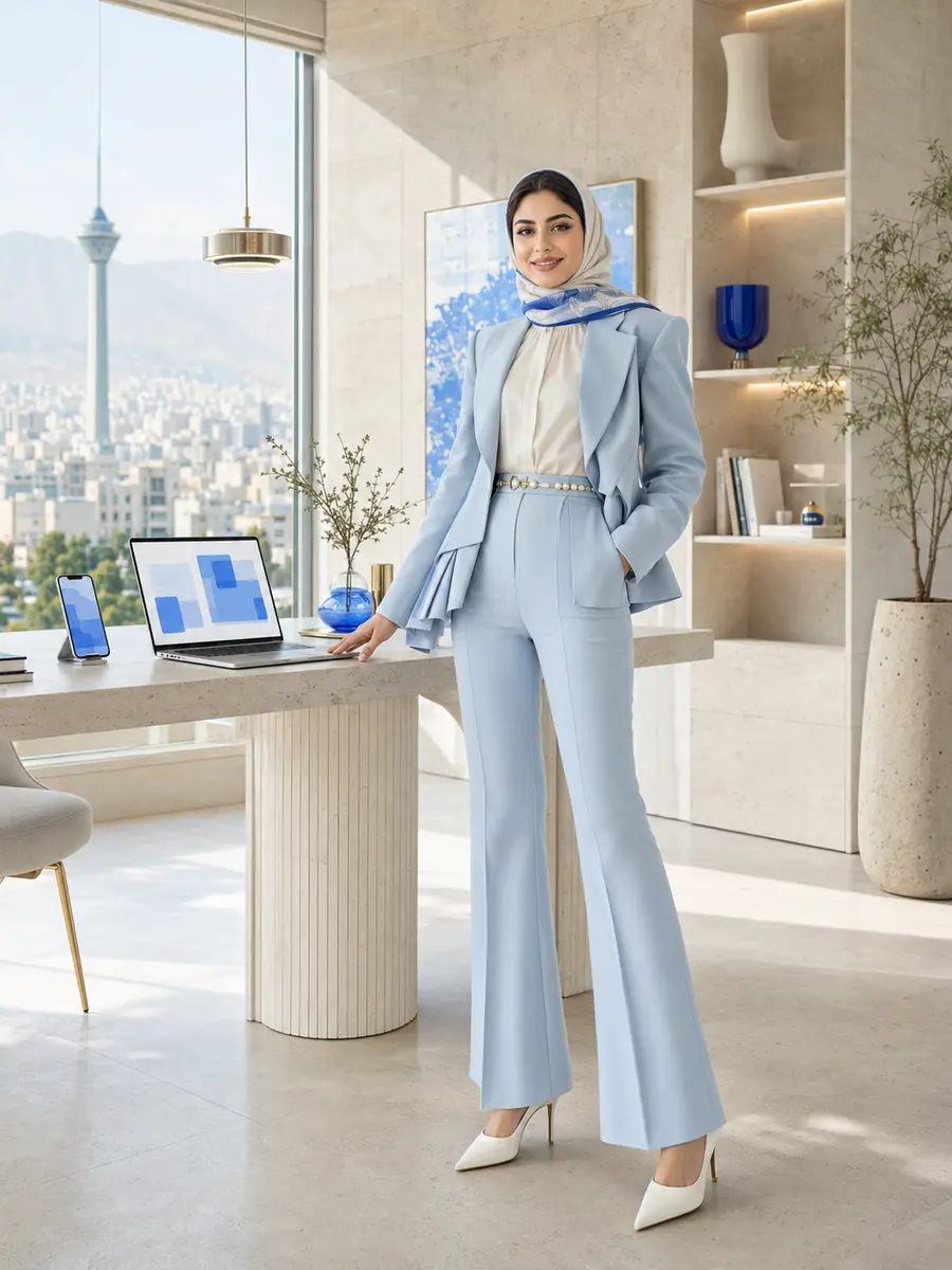 زن کارآفرین ایرانی با کت‌وشلوار آبی یخی در حال برنامه‌ریزی روز با هوش مصنوعی