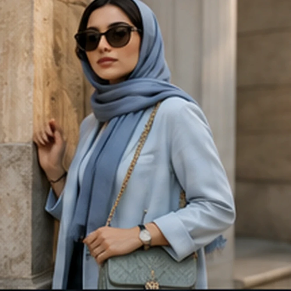 نمونه تصویر مدل با مانتوی آبی روشن