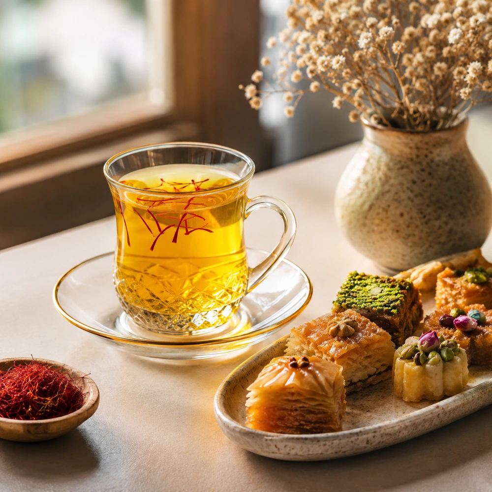 نمونه تصویر چای زعفرانی و شیرینی