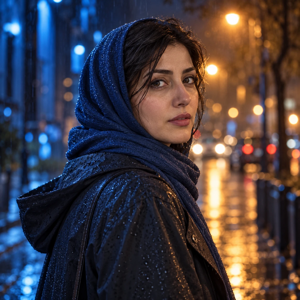 نمونه تصویر پرتره سینمایی شب بارانی و نور آبی